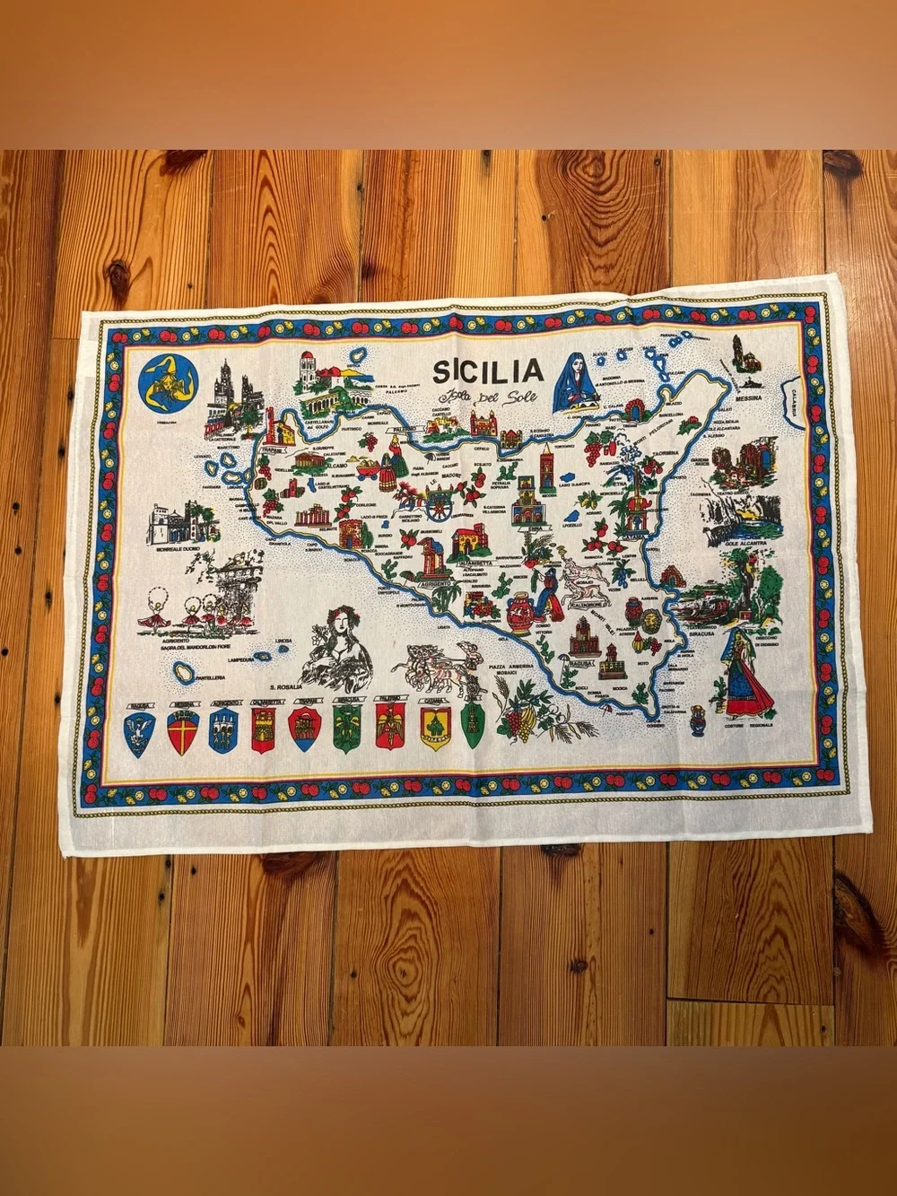 Sicilia Cotton Tea Towel Souvenir Wall Hanging Map Landmark Tapestry Italy